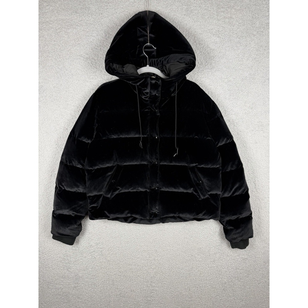 The Kooples Women's Black Velvet Cropped Hooded Puffer Jacket Size 2